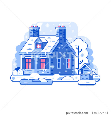 Winter Rural Home on Snowy Landscape in Line Art Winter Rural Home on Snowy Landscape in Line Art 130177581
