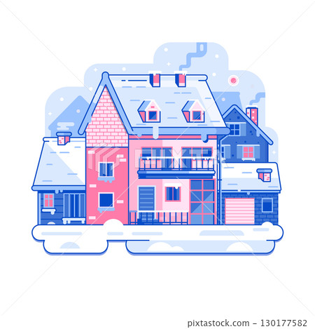 Winter Rural Home on Snowy Landscape in Line Art 130177582