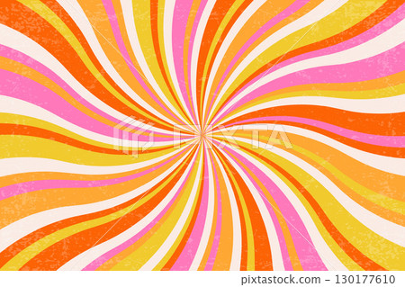 Retro groovy background with pattern of spiral rays. Sunburst psychedelic wavy illustration for summer poster. Swirl radial 70s abstract vector graphic with grunge texture 130177610