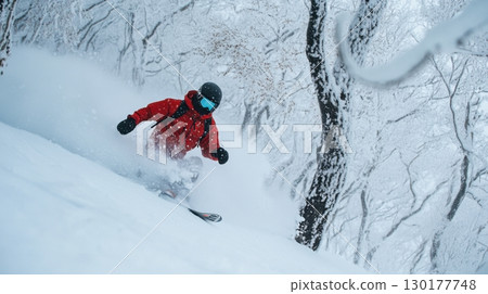 Skier in Snowy Forest 130177748