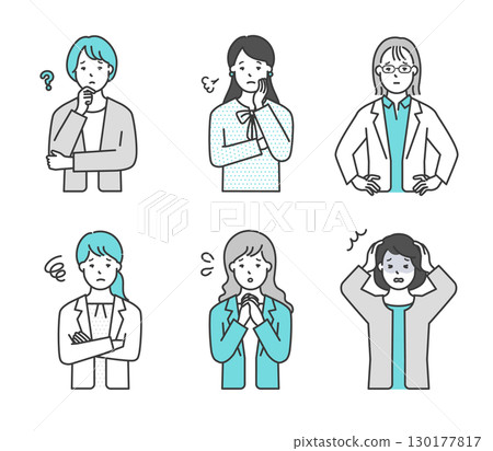 Illustration material set of female business people with anxious and troubled faces 130177817