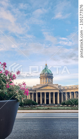Panoramic view of Kazan Cathedral early in morning. Vertical photo 130177876