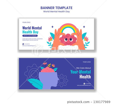 Self Care and Mental Health Horizontal Banner Cartoon Template Background Illustration 130177989