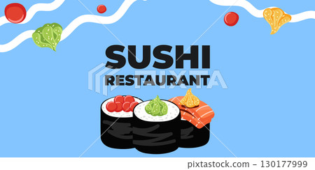 Vector illustrated advertising web and desktop banner with Japanese cuisine, traditional Asian food including sushi and rolls, perfect for Asian restaurant branding, menu design, and promotional Vector illustrated advertising web and desktop banner with Japanese cuisine, traditional Asian food including sushi and rolls, perfect for Asian restaurant branding, menu design, and promotional 130177999