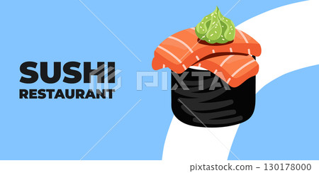 Vector illustrated advertising web and desktop banner with Japanese cuisine, traditional Asian food including sushi and rolls, perfect for Asian restaurant branding, menu design, and promotional 130178000