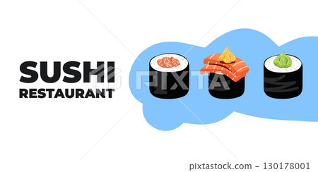 Vector illustrated advertising web and desktop banner with Japanese cuisine, traditional Asian food including sushi and rolls, perfect for Asian restaurant branding, menu design, and promotional 130178001