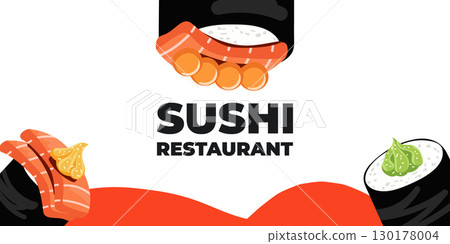 Vector illustrated advertising web and desktop banner with Japanese cuisine, traditional Asian food including sushi and rolls, perfect for Asian restaurant branding, menu design, and promotional 130178004