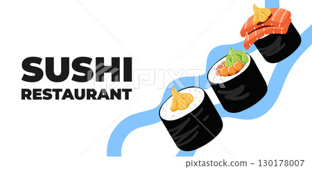 Vector illustrated advertising web and desktop banner with Japanese cuisine, traditional Asian food including sushi and rolls, perfect for Asian restaurant branding, menu design, and promotional Vector illustrated advertising web and desktop banner with Japanese cuisine, traditional Asian food including sushi and rolls, perfect for Asian restaurant branding, menu design, and promotional 130178007
