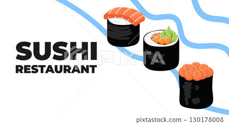Vector illustrated advertising web and desktop banner with Japanese cuisine, traditional Asian food including sushi and rolls, perfect for Asian restaurant branding, menu design, and promotional 130178008