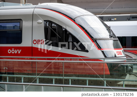 Modern trains at Linz Hauptbahnhof (Hbf), main train station in Linz, Austria 130178236