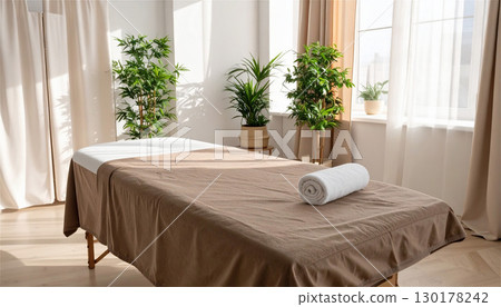 The spa massage room is surrounded by plants and natural light, and the clean treatment beds and towels create a sense of healing and relaxation. 130178242