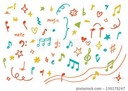 Hand-drawn colorful musical notes and music symbols set — Music illustrations and pop icons 130178247