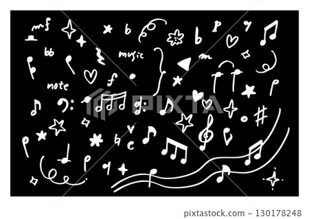 Set of white line musical notes and musical notation symbols against a black background - Hand-drawn monochrome music illustration 130178248