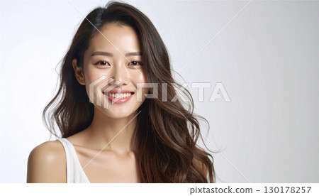 年輕女子的肖像,有著迷人的自然微笑、自然的妝容和閃亮的長髮,散發著美麗和健康的生活方式 年輕女子的肖像,有著迷人的自然微笑、自然的妝容和閃亮的長髮,散發著美麗和健康的生活方式 130178257