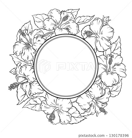 Hibiscus Branch Outline Round Frame. 130178396