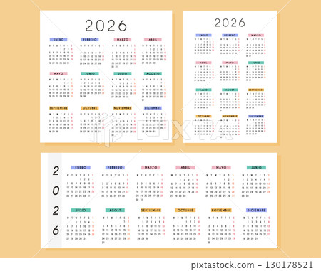 Set of 2026 yearly calendar in Spanish language in different formats. Horizontal, square and portrait size design. Printable wall or desk planner for home, office, school. Vector. 130178521