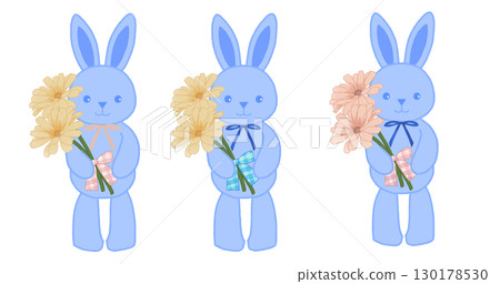 Illustration of a stuffed rabbit holding a bouquet of flowers 130178530