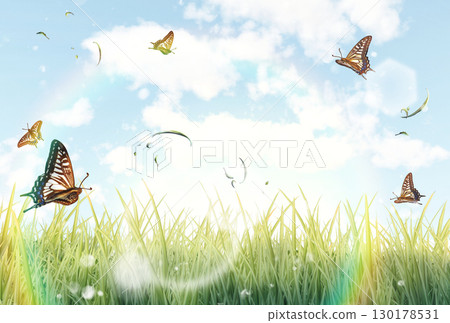 蝴蝶在草地和藍天上翩翩起舞 蝴蝶在草地和藍天上翩翩起舞 130178531