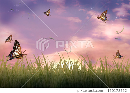 草地上飛舞的蝴蝶和日落天空 130178532