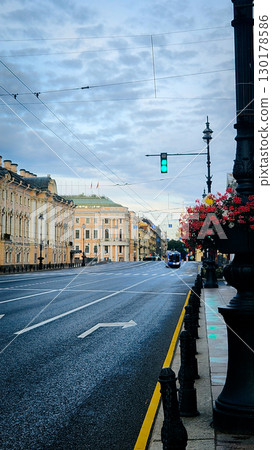 View of Nevsky Prospekt with empty road and beautiful architecture of morning in Petersburg, Russia 130178586