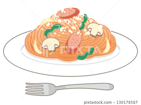 那不勒斯義大利麵，上面撒有起司粉（用叉子） 130178587