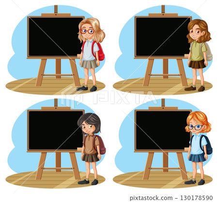 School Children Standing by Blank Blackboard Easels 130178590