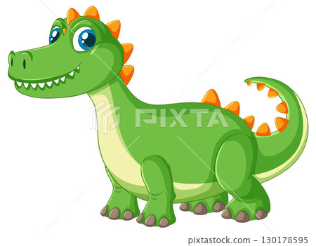 Smiling Cartoon Dinosaur with Orange Spikes 130178595