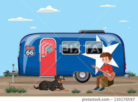 Retro Camper Scene with Guitarist and Dog 130178597