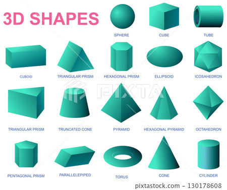 Comprehensive 3D Geometric Shapes Vector Illustration 130178608