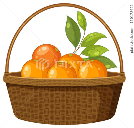 Wicker Basket Filled with Fresh Oranges and Leaves 130178621