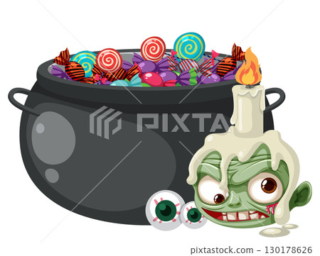 Halloween Candy Cauldron with Zombie Candle and Eyeballs 130178626