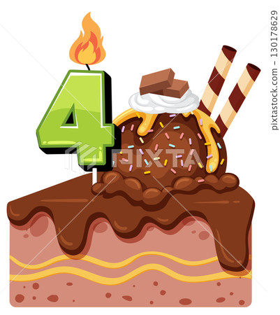 Chocolate Birthday Cake Slice With Number Four Candle 130178629