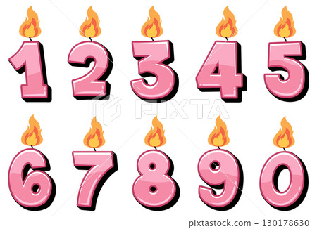 Pink Birthday Candle Numbers with Flames Vector Set Pink Birthday Candle Numbers with Flames Vector Set 130178630