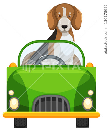 Beagle Dog Driving Green Convertible Car Illustration 130178632