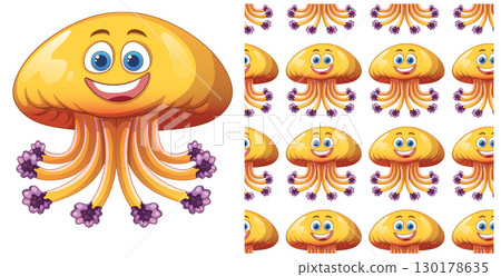 Cheerful Jellyfish Seamless Pattern 130178635