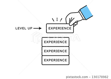 Illustration of the hand of a person in a suit who is trying to gain experience and level up 130178982