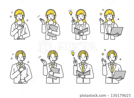 Simple image of male and female operators working in a call center wearing headsets. Illustration material set Simple image of male and female operators working in a call center wearing headsets. Illustration material set 130179025