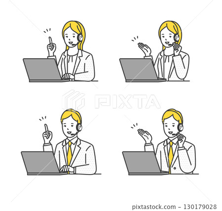 Simple image of male and female operators working in a call center wearing headsets. Illustration material set 130179028