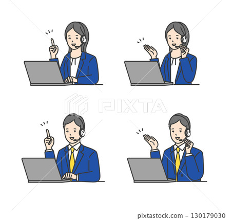 呼叫中心男女接線員戴著耳機工作的簡單影像。插圖素材集 呼叫中心男女接線員戴著耳機工作的簡單影像。插圖素材集 130179030
