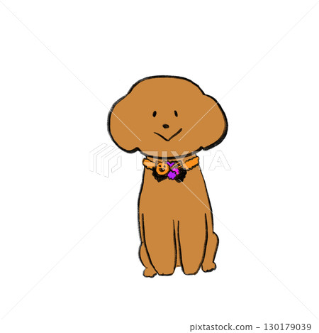 Illustration of a dog wearing a Halloween scrunchie and sitting facing forward Illustration of a dog wearing a Halloween scrunchie and sitting facing forward 130179039