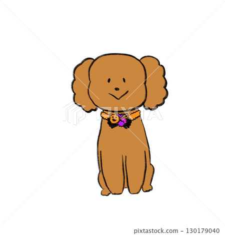 Illustration of a dog wearing a Halloween scrunchie and sitting facing forward Illustration of a dog wearing a Halloween scrunchie and sitting facing forward 130179040