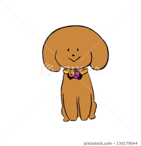 Illustration of a dog wearing a Halloween scrunchie and sitting facing forward Illustration of a dog wearing a Halloween scrunchie and sitting facing forward 130179044