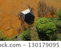 Aerial view of sinking village house in the middle of toxic acid mine drainage decanting pond. Geamana, Rosia Montana, Romania 130179095