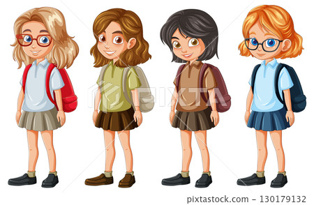 Four Schoolgirls Standing with Backpacks in Uniforms 130179132