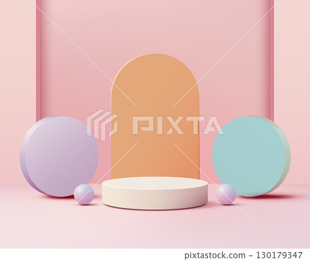 pastel geometric product display with round podium and arched backdrop in soft pink peach lavender mint green modern mockup for showroom advertising branding and presentation design 130179347
