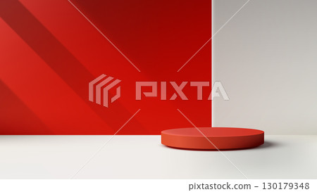 red podium display with modern geometric background for product presentation mockup showroom showcase vibrant minimal 3d stage design with dramatic shadows 130179348