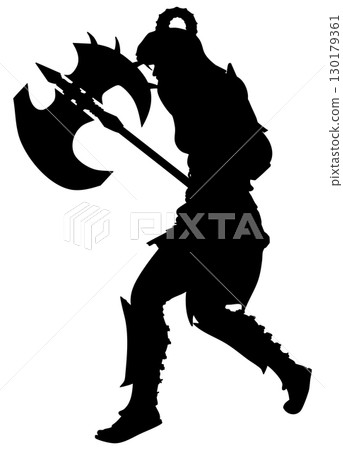 Silhouette of Warrior Holding Large Double Headed Battle Axe 130179361