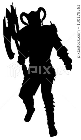 Silhouette of Warrior Holding Large Double Headed Battle Axe Silhouette of Warrior Holding Large Double Headed Battle Axe 130179363
