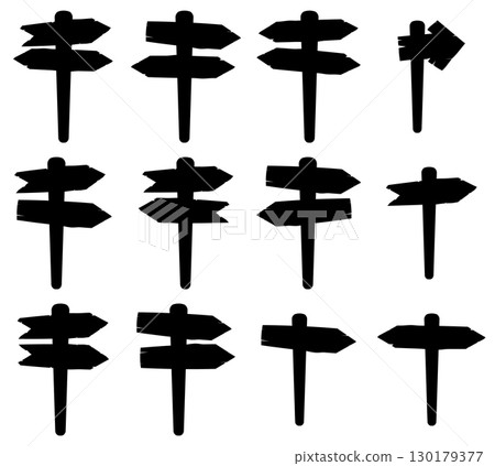 Silhouette of Wooden Directional Signpost with Arrows Set 130179377