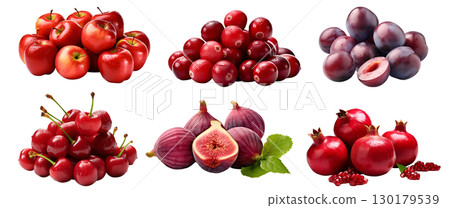 Collection of red purple maroon fruits in pile, apple, cherry, cranberry, fig, plum, pomegranate on transparent background cutout, PNG file. Mockup template for artwork design 130179539